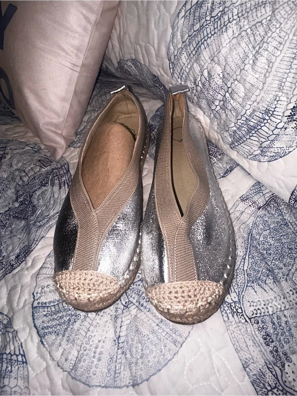 Women’s Silver Metallic Slip-On Espadrilles with Neutral Trim